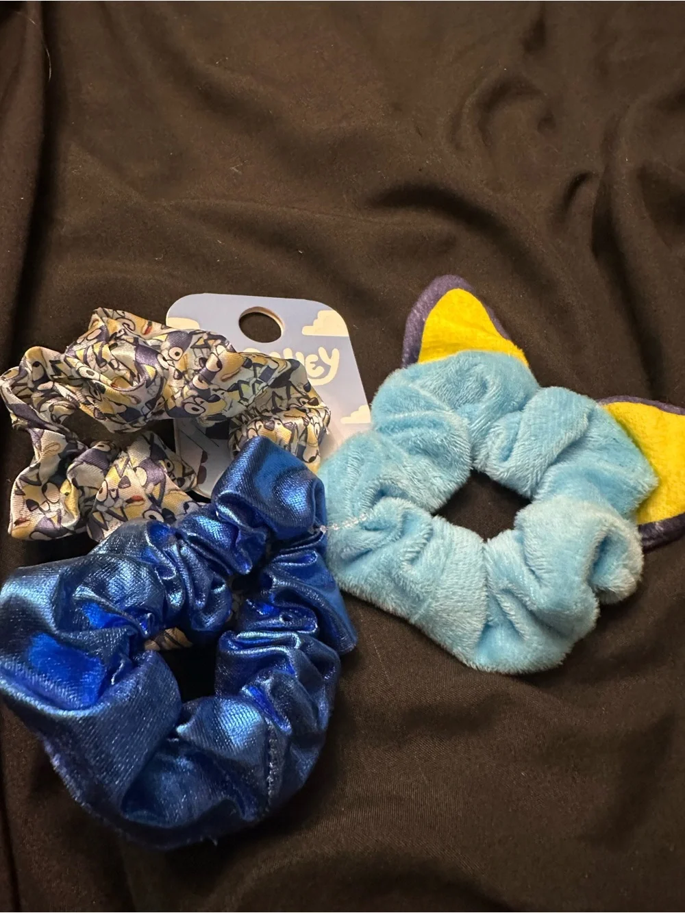 Bluey Kids 3-Pack Blue Scrunchie Set with Cat-Ear Plush Accent